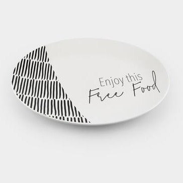 Serving platter that says "Enjoy this Free Food"