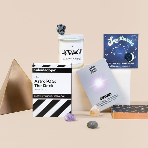 Get a deeper understanding of astrology and the zodiac signs with the Among the Stars GIFT FUNDLE™. This unique set packs a punch with a 48-card astrology study guide/oracle deck, an intoxicating zodiac candle and companion crystals personal to each sign.  